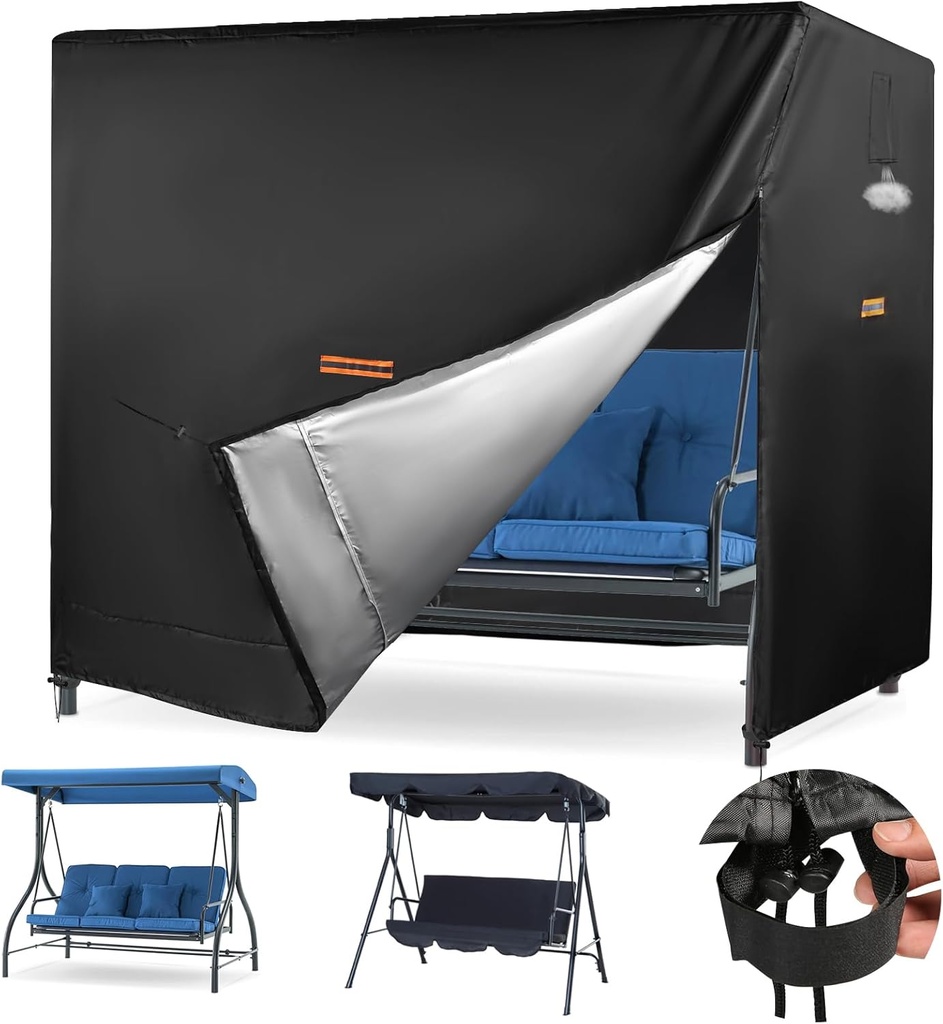 Swing Covers for Outdoor Patio Swing 3 Seater, 420D Oxford Heavy Duty Material Velcro Drawstrings Vents Reflective Handles, Hammock Garden Porch Swing Cover Anti-UV Full Protection (85 * 50 * 66 in)