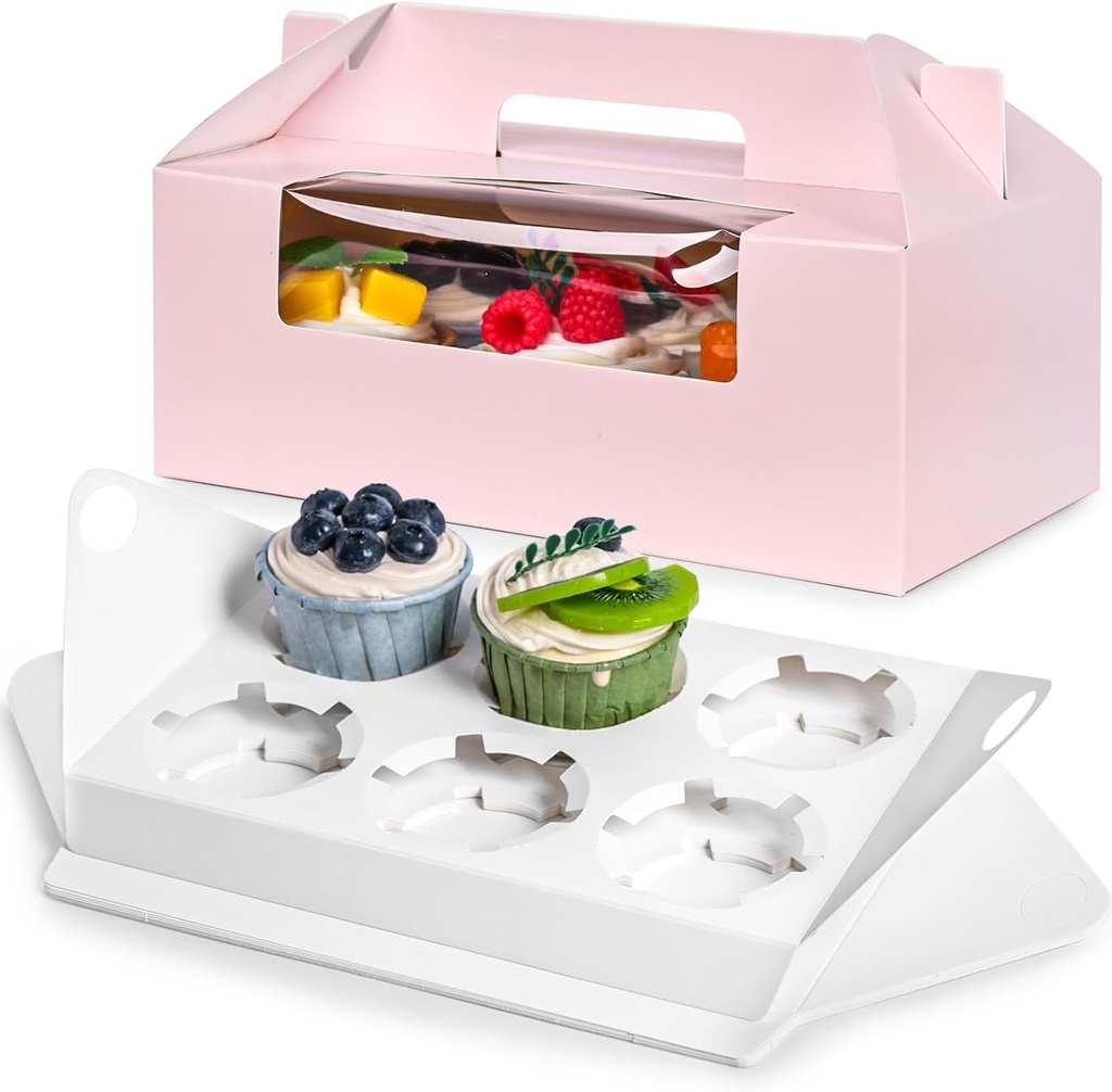 VGOODALL 6 Count Cupcake Boxes,8 Sets Pink Cupcake Containers with Window for Weeding Birthday Holiday Bakery Supplies Party Decorations 9.3" x 6" x 3.5"