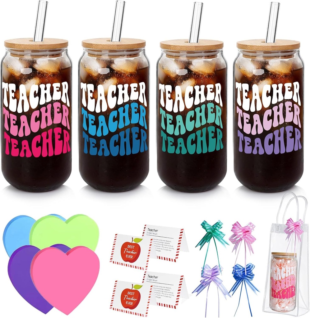 Teacher Appreciation Gifts - 4Pack End of Year Teacher Gifts for Women Men, 18oz Teachers Glass Cup with Bamboo Lid and Straw Glass Coffee Cups Unique Thank You Teachers Tumbler Mug Gift from Students