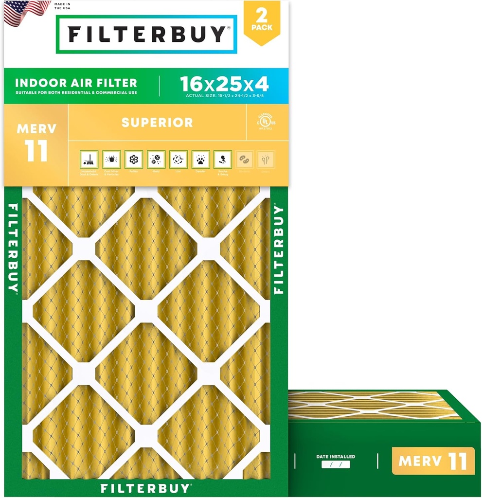 Filterbuy 16x25x4 Air Filter MERV 11 (MPR 1200) Allergen Defense Replacement (2-Pack), Electrostatic Pleated HVAC AC Furnace Filters, Made in USA (Actual Size: 15.50 x 24.50 x 3.63)