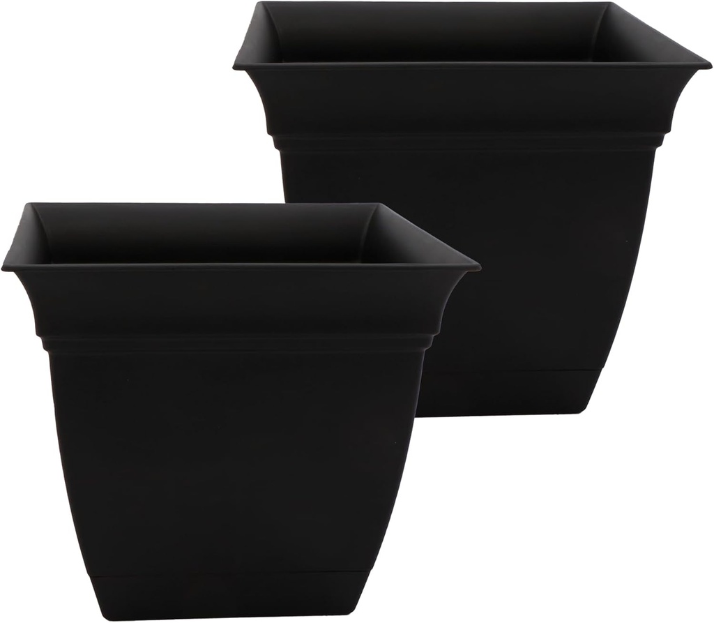 The HC Companies 12 Inch Eclipse Square Planter Pots with Drainage Holes & Attached Saucer, Lightweight UV-Resistant Plastic Outdoor Planters, 2-Pack Flower Pots for Garden & Home Decor, Black