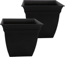 The HC Companies 12 Inch Eclipse Square Planter Pots with Drainage Holes & Attached Saucer, Lightweight UV-Resistant Plastic Outdoor Planters, 2-Pack Flower Pots for Garden & Home Decor, Black