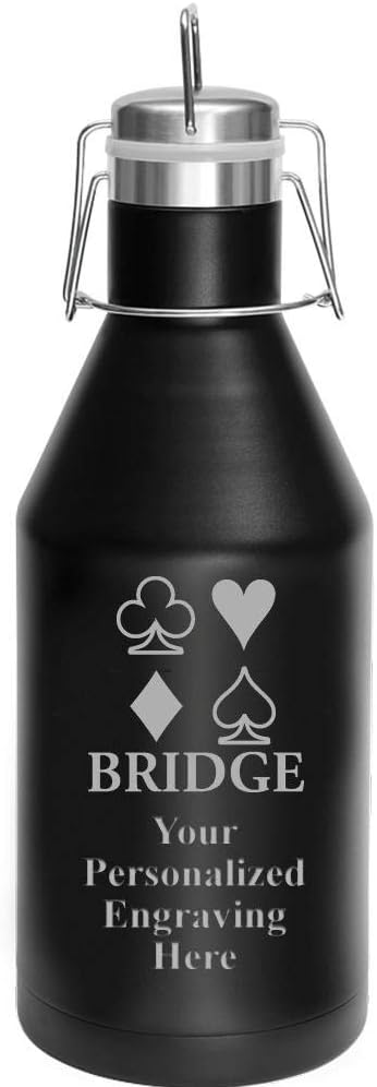 Bridge Playing Cards Growler, 64 oz Custom Playing Cards Stainless Steel Growler, Engraving Included Prime