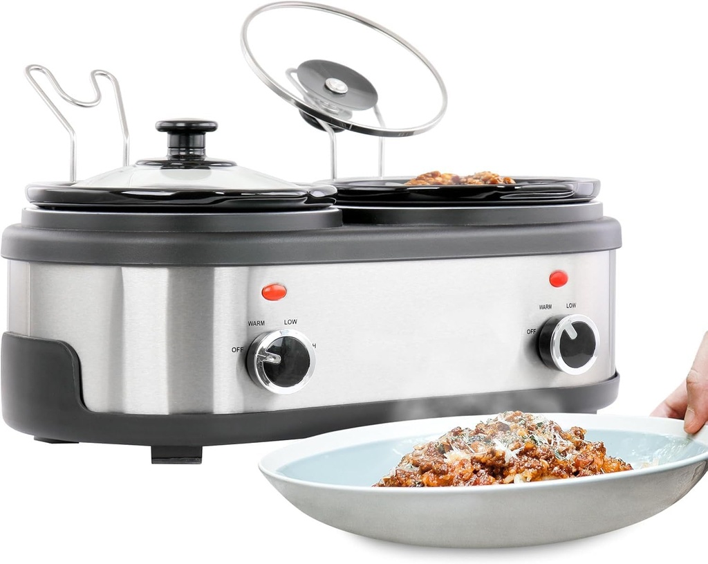 Dual 1.5 Quart Slow Cooker Buffet Server – Two Removable Ceramic Crocks with Independent Controls, Cool Touch Handles & Dishwasher Safe Lids – Food Warmer for Parties & Entertaining
