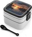 All-in-One Bento Box Stackable Leak-Proof Lunch Box With Carry Handle 2 Layer Portable Meal Prep Container Sunset on The Lake Lunchbox with Utensils for Dining Out Work, Black