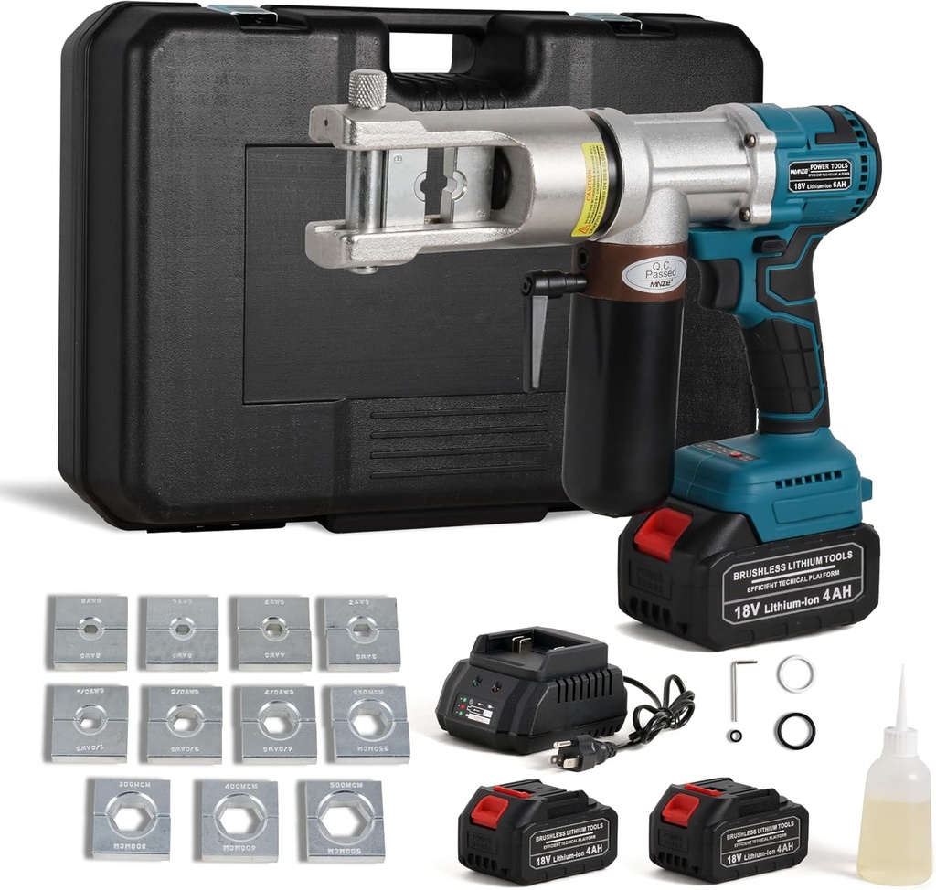 Electric Hydraulic Cable Lug Crimping Tool 9 Ton Hydraulic Electrical Wire Terminal Cable Lugs Crimper Rechargeable Crimping Tool Kits with 11 Dies, 8 AWG to 500 MCM