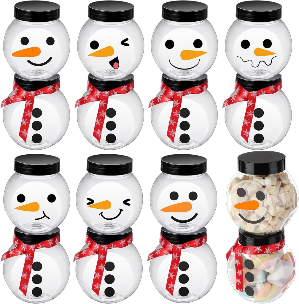 12 Pcs Plastic Candy Jars for Christmas Party Favors Snowman Christmas Candy Jars with Lids,Stickers,Ribbon Clear Xmas Cookie Jar Container Chocolate Storage Jar for Marshmallow Gift