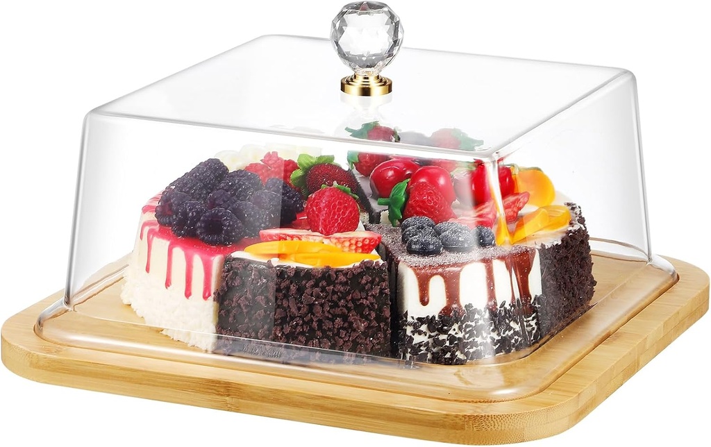 GANAZONO Wood Cake Tray with Acrylic Dome Cover Wood Server Cake Stand Square Cake Display Plate Bread Serving Platter Dessert Storage Tray for Wedding Party Supplies