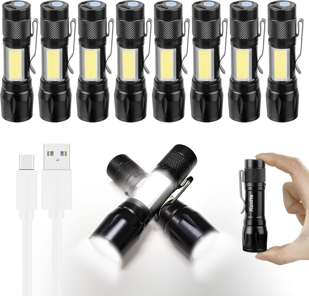 KunHe 10 Pack USB Rechargeable Mini Small LED Flashlights Bulk Camping Lantern Flashlight Bright High Lumens EDC Flash Light