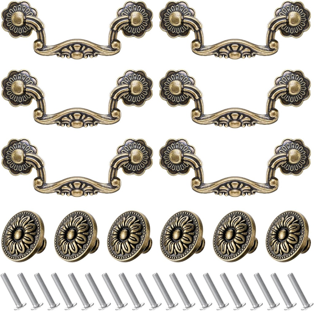 12 Pcs 3" Bail Handle Drop Pulls and 1.33" Vintage Flower Shape Cabinet Drawer Knobs Antique Bronze Cabinet Pull Handles with Screws for Drawer Dresser Closet Wardrobe