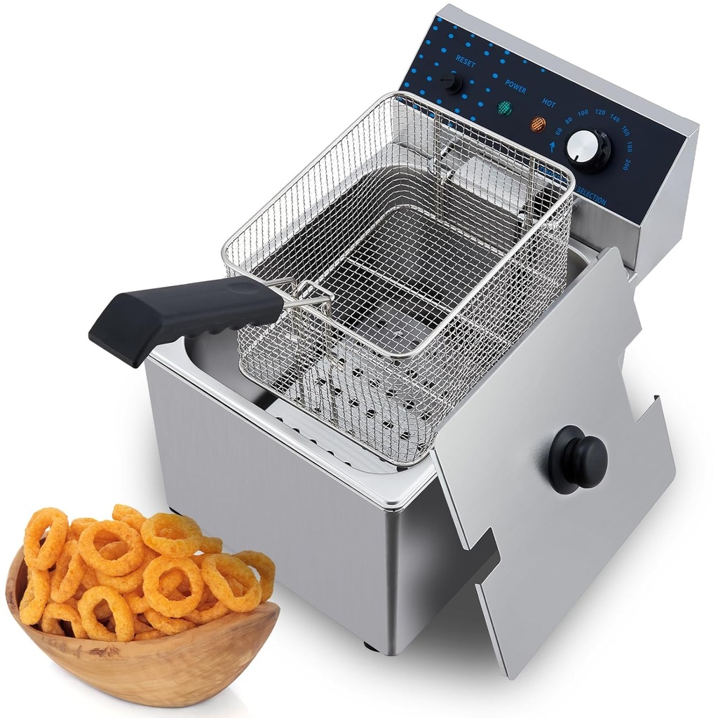 Electric Deep Fryer with Basket, 8.5 QT Commercial Deep Fryer, 1600w Small Countertop Fryers for Home Kitchen, Adjustable Temperature Single Tank Fryer with Lid