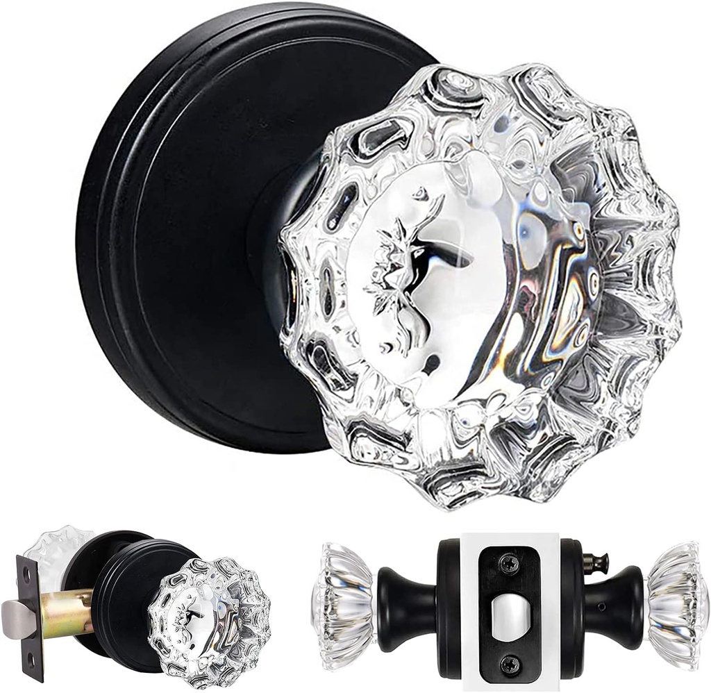 Glass Door Knobs Interior, Vintage Privacy Clear Crystal Door Knobs with Lock for Bedroom Bathroom Matte Black
