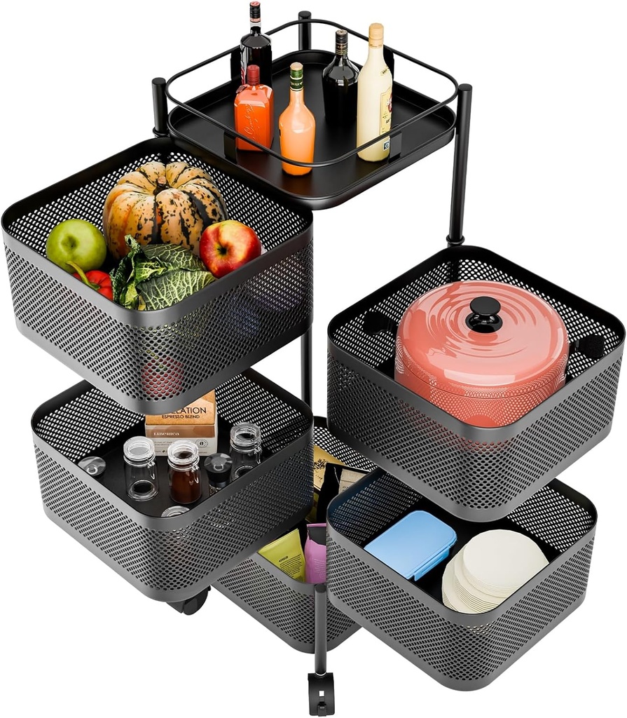 Fruit and Vegetable Basket Bowls for Kitchen,5 Tier Rotating Storage Rack Cart Fruit Basket Storage Container Mobile Shelf Fruit Vegetable Metal Wire Shelf with Top Lid for Living Room,Kitch