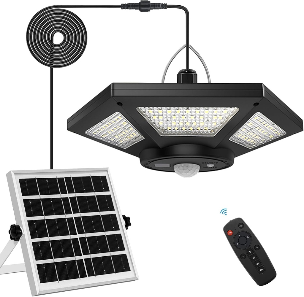 Solar Shed Light Indoor Outdoor Work in Daytime with Remote Control, 360° Lighting Waterproof Solar Indoor Lights with Motion Sensor/Timer/5 Modes for Home Garage Barn