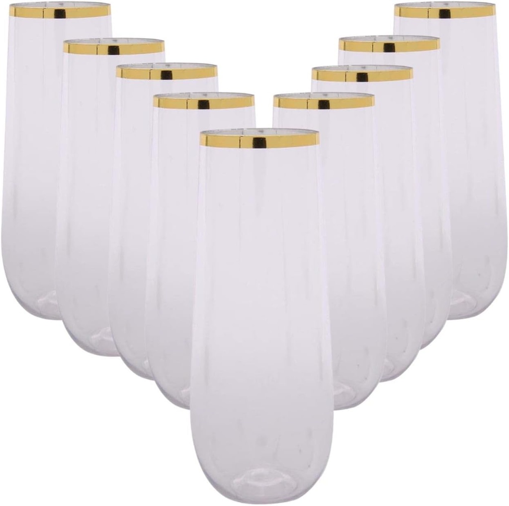 24 piece pack 9 oz Champagne Flutes Stemless Disposable cups Unbreakable Crystal Clear Plastic Mimosa Glasses Set of 24 ideal for Wedding Birthday (9 Ounce - Gold Rim)