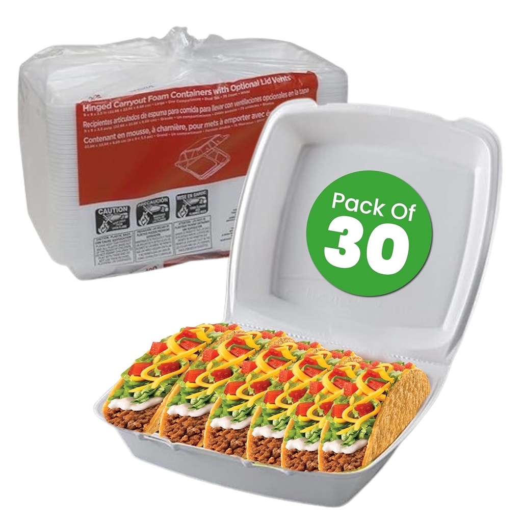 Concession Essentials Pack of 30CT Choice Large 9 x 9 x 3.5 Inch Foam 1-Compartment Containers, White, Hinged, with Optional Venting, Polystyrene, 9"L x 9"W x 3.5"H