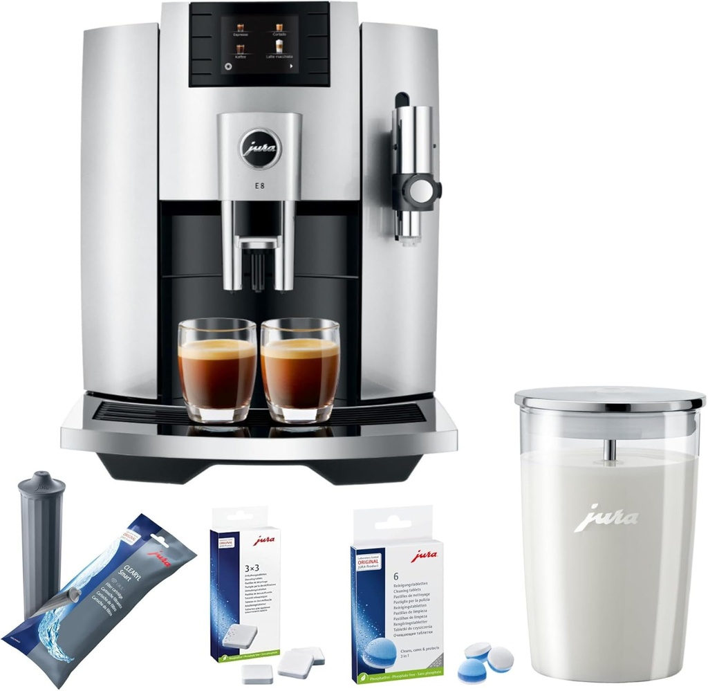 Jura E8 Automatic Espresso Machine Bundle with Smart Filter Cartridge, 3-Phase 6 Cleaning Tablets, Glass Milk Container, and Decalcifying Tablets (9-Pack) (13 Items)