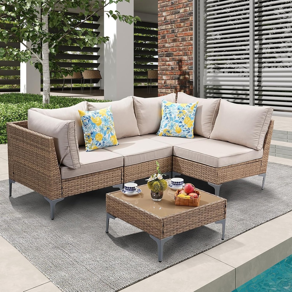 5 Piece Patio Furniture Set, Wicker Modular Outdoor Furniture with Thicker Cushions, Outdoor Couch Sofa for Garden, Poolside, Backyard, Beige