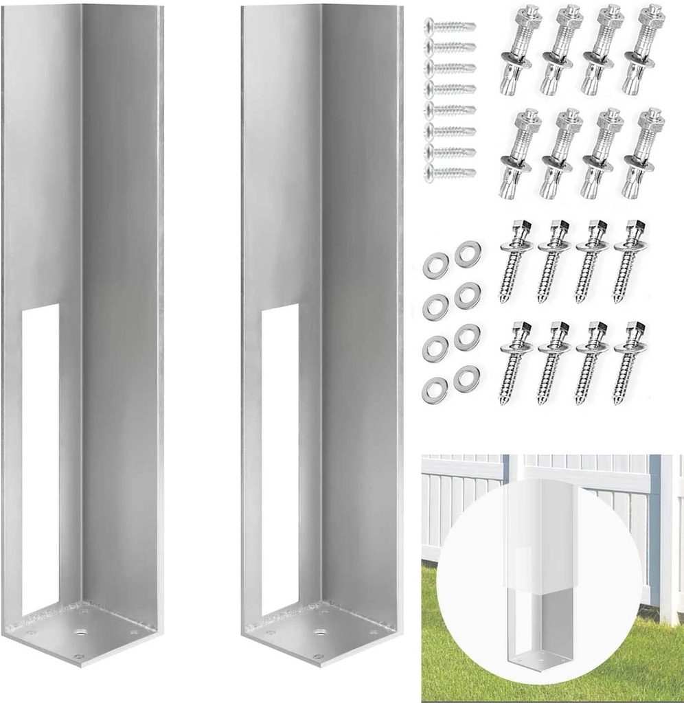 Vinyl Fence Concrete/Wood Post Mount Tower 2PCS Fence Post for Vinyl Fence 4 x 4 x 24 Inch Iron Material Coated Powder Fence Post Insert