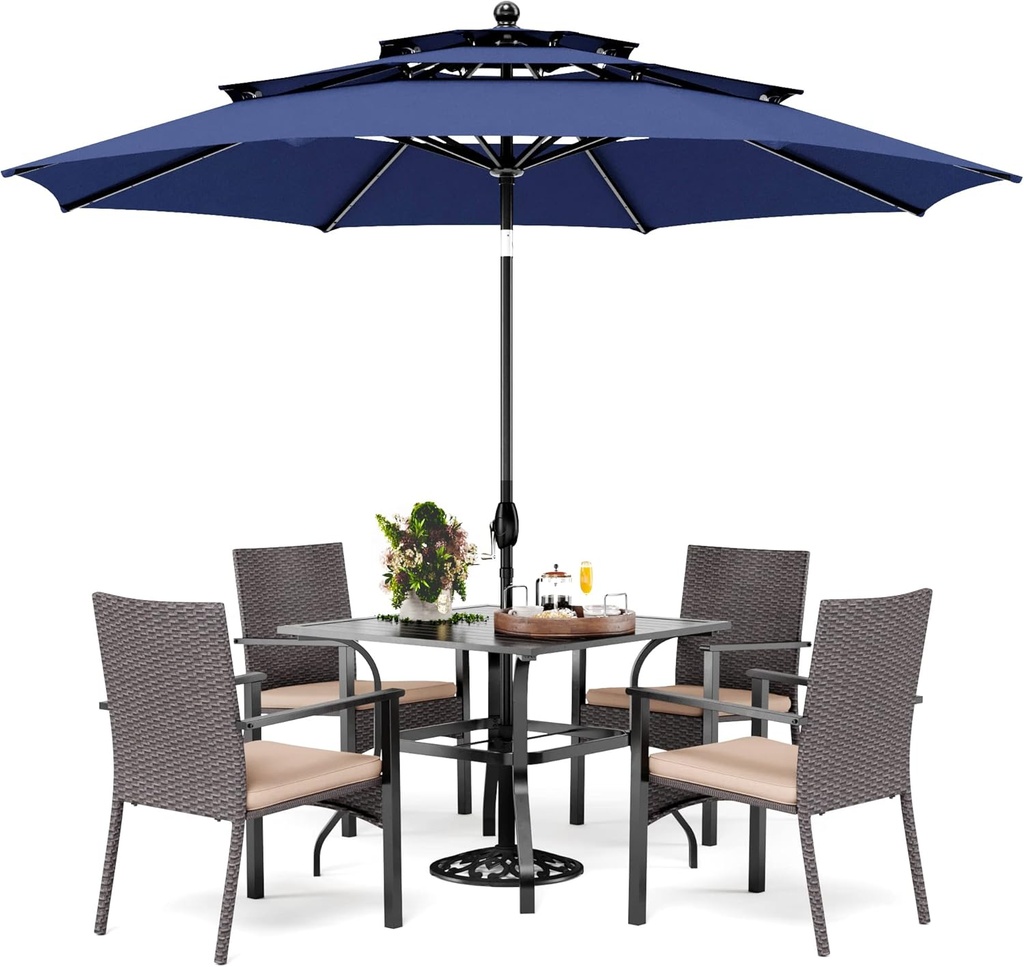 PHI VILLA 5 Pieces Outdoor Dining Set with Umbrella for 4, 37" Square Metal Dining Table & 4 Cushioned Wicker Rattan Chairs with 10ft Navy Blue Umbrella for Patio, Deck, Yard, Porch