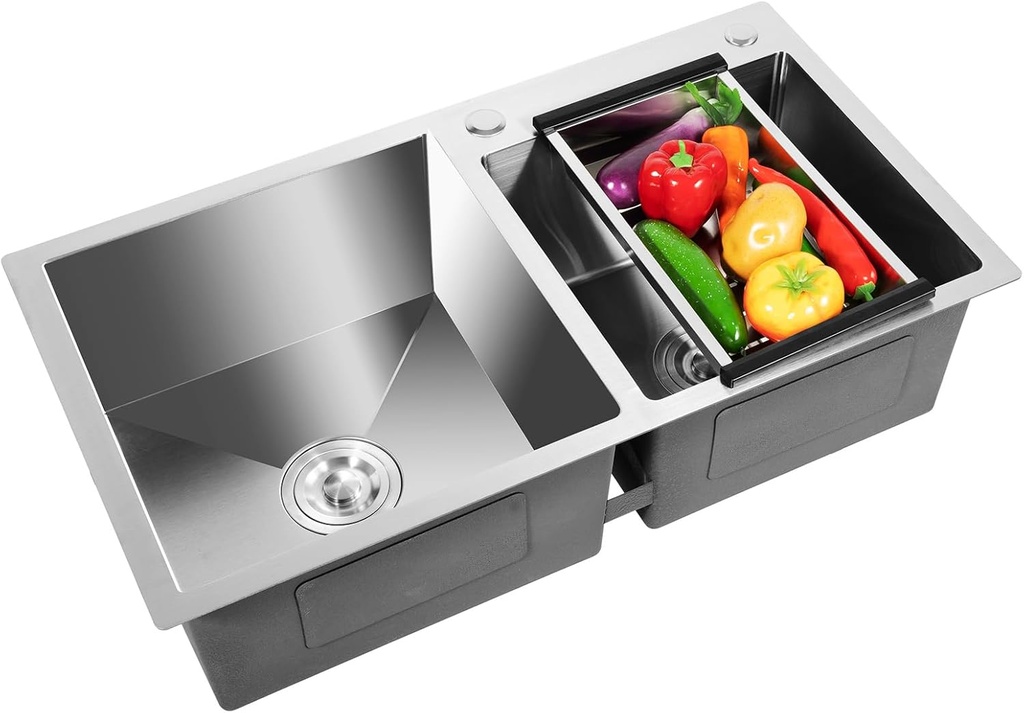 30 Inch Double Bowl Kitchen Sink - Nano-Coated Stainless Steel, Drop-in/Topmount, with Drainage Pipes & Fruit Baskets (30.7 x 16.9), for Home Kitchen & Bathroom