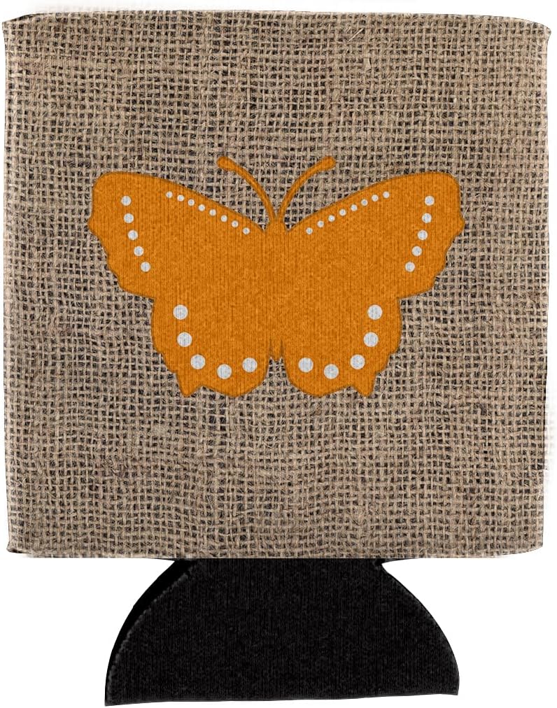 Caroline's Treasures BB1033-BL-OR-CC Butterfly Burlap and Orange BB1033 Can or Bottle Hugger Cooler Washable Drink Sleeve Collapsible Beverage Insulated Holder, Can Hugger, Multicolor