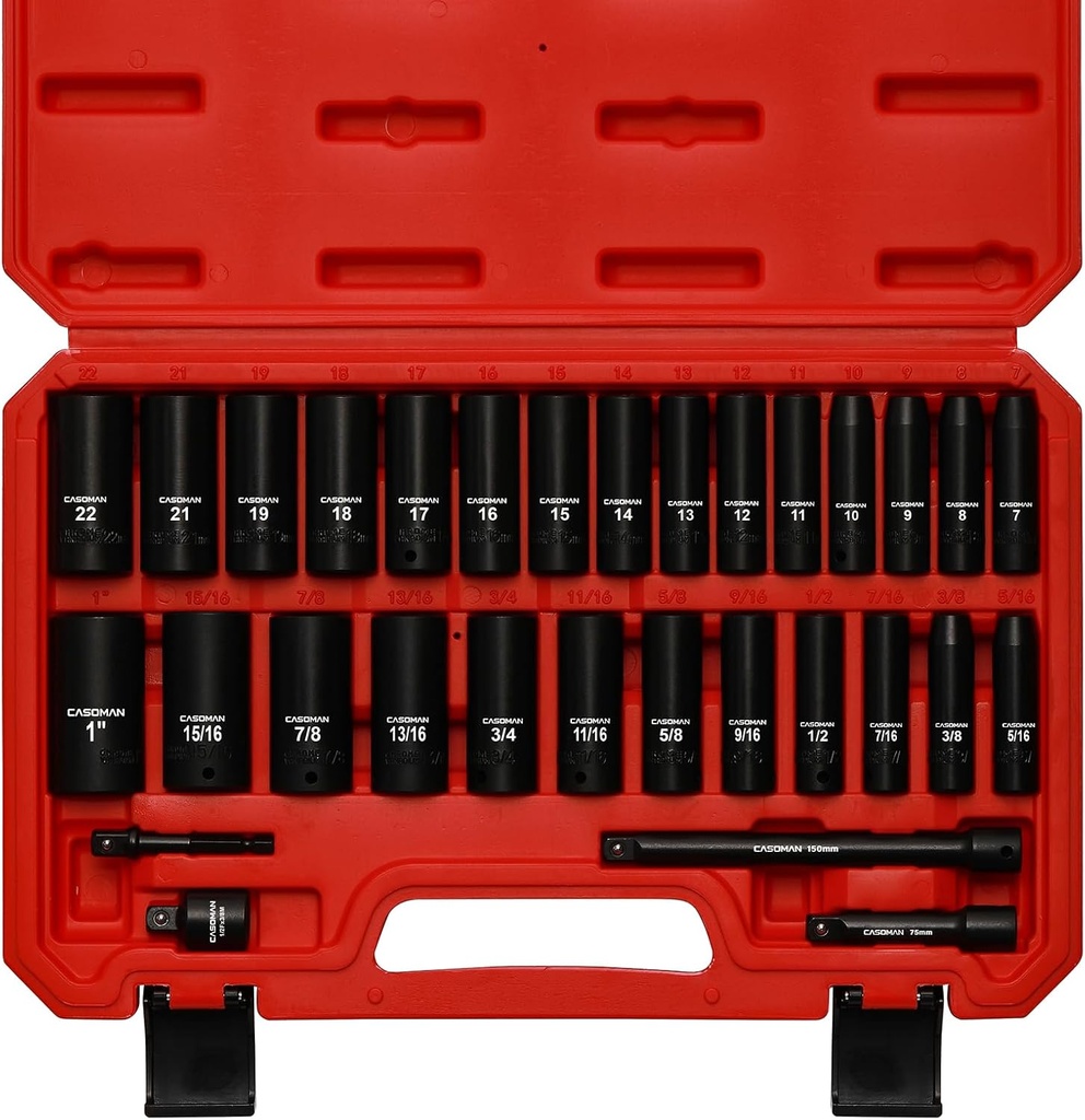 CASOMAN 3/8-Inch Deep Impact Socket Set, Metric & SAE, 31Piece Socket Set, CR-V, Includes Extension Bar (3, 6-inch) & Adapters, Heavy Duty Storage Case
