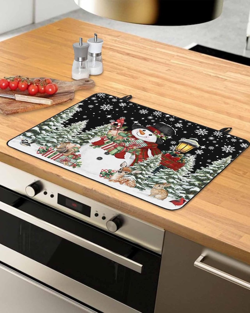Christmas Countertop Burners Protection Mats for Kitchen, Snowman with Gift Snowflake Deer Black Rubber Stove Top Cover Mat, Heat Proof Mats Cooktop Cover for Counter Dish Drying Mat, 31"x24"