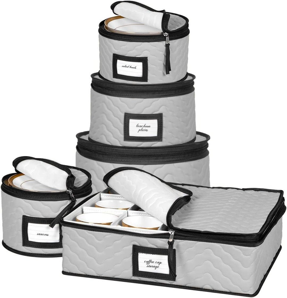 China Storage Containers 5-Piece Set Moving Boxes for Dinnerware, Glasses, Plates, Mugs and Saucers Sturdy Quilted Microfiber Dish Organizer with Dividers for Seasonal Storage - Gray
