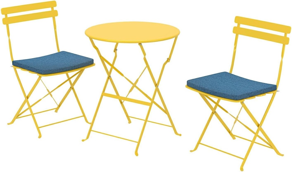 3-Piece Yellow Metal Outdoor Patio Table and Chairs Set of 2,Folding Bistro Set with Pads,Rustproof No-Assembly, Space-Saving for Fall & Winter Garden, Winter (Warm Cushion-Comp) & Kitchen