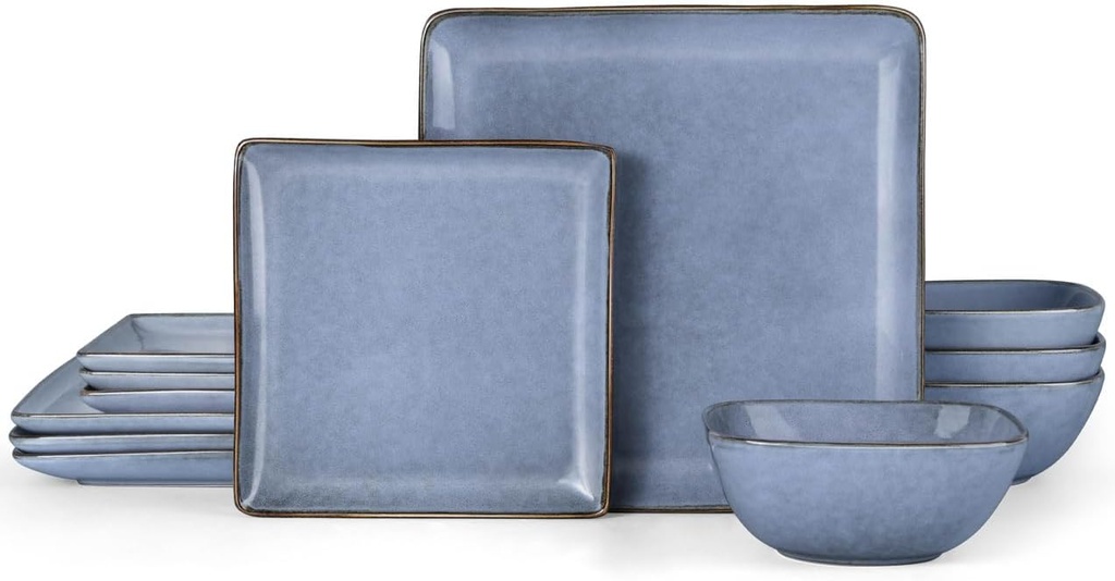 Herogo 12-Piece Square Stoneware Dinnerware Set for 4, Dinner Plates and Bowls Sets, Double Reactive Glaze Dishware Place Setting for Kitchen, Scratch Resistant, Microwave Safe, Haze Blue