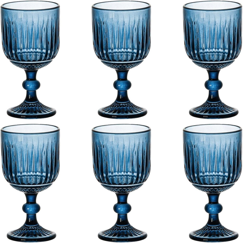 Blue Glasses Drinking Wine Water Goblets set of 6 Colored Stemware Vintage Glassware 11 ounce for Wedding Party Bar Vertical Embossed Pattern Stemmed Cups 330 ml