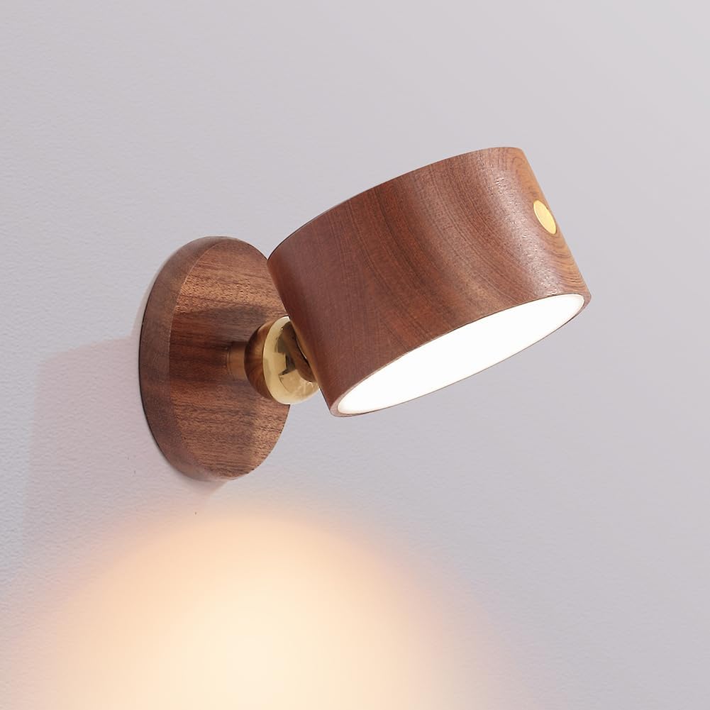 LANDGOO Sapele Wood Wall Sconce Bedside Lamp - Rechargeable Magnetic 360° Rotatable & Dimmable for Closet, Artwork & Reading (No Wiring Cordless Adjustable Light)