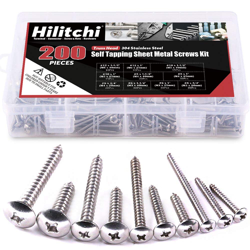 Hilitchi 304 Stainless Steel Hex Washer Head and Phillips Truss Head Self Drilling Sheet Metal Tek Screws Assortment Kit (Phillips Truss Head)