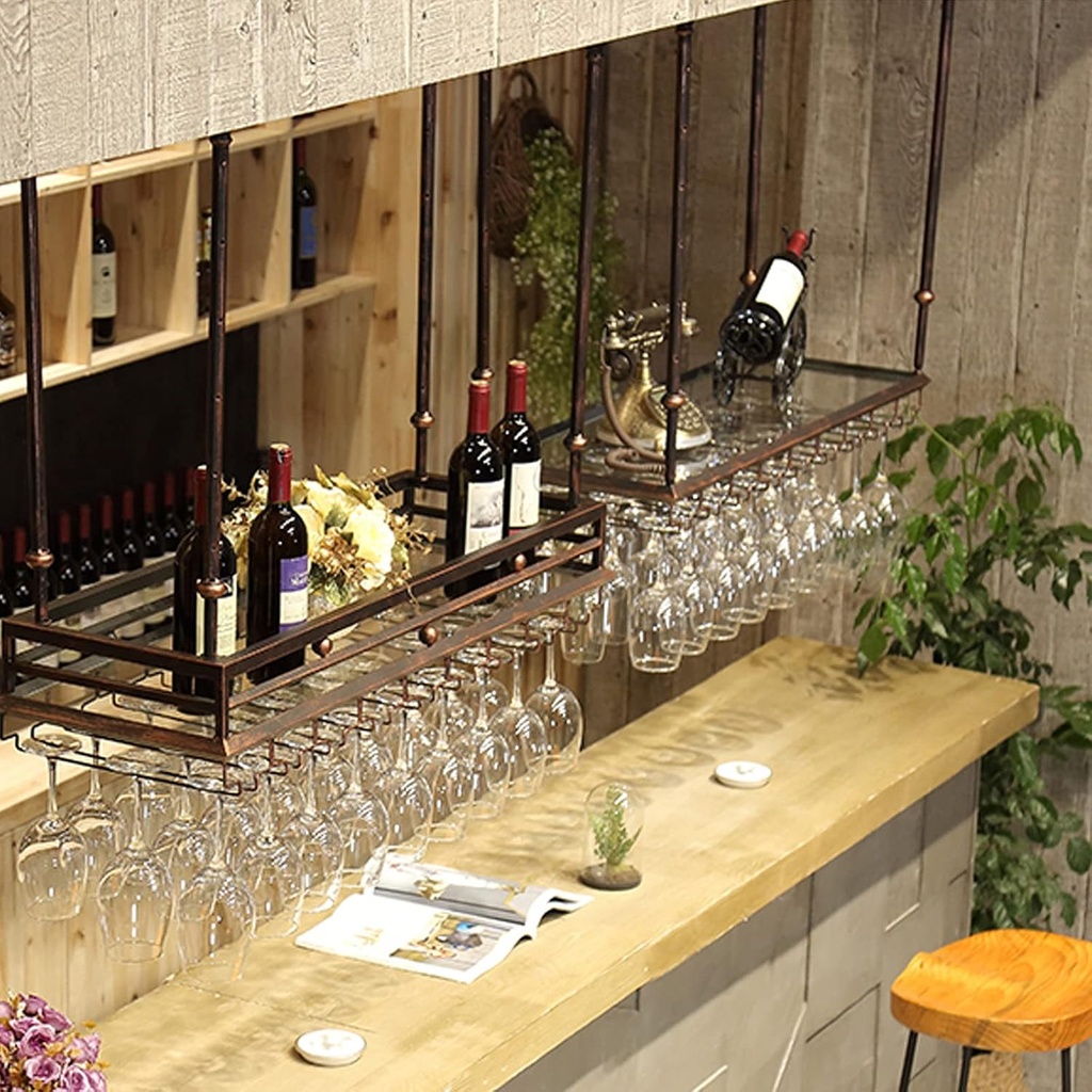 Wine Glass Hanger for Bar Counter Hanging Stemware Holder with Height Adjustable Wine Storage Shelf Upside Down Wine Rack Decoration for Home Living Room and Kitchen