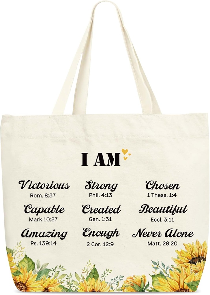 Christian Sunflower Tote Bags, I Am Beautiful Bible Verse Reusable Shopping Bag For Women, Inspirational Gifts For Women Friend Sister Colleagues, Religious Shoulder Bag For Church Travel Holiday -A33