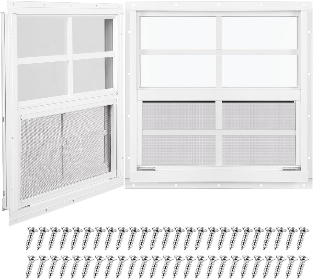 Tandefio 2 Pack Shed Window, 16'' x 16'' White Transom Windows for Chicken Coop with Tempered Glass and Screen Household Windows with Vertical Slider and Screws for Mobile Home Sheds Barns