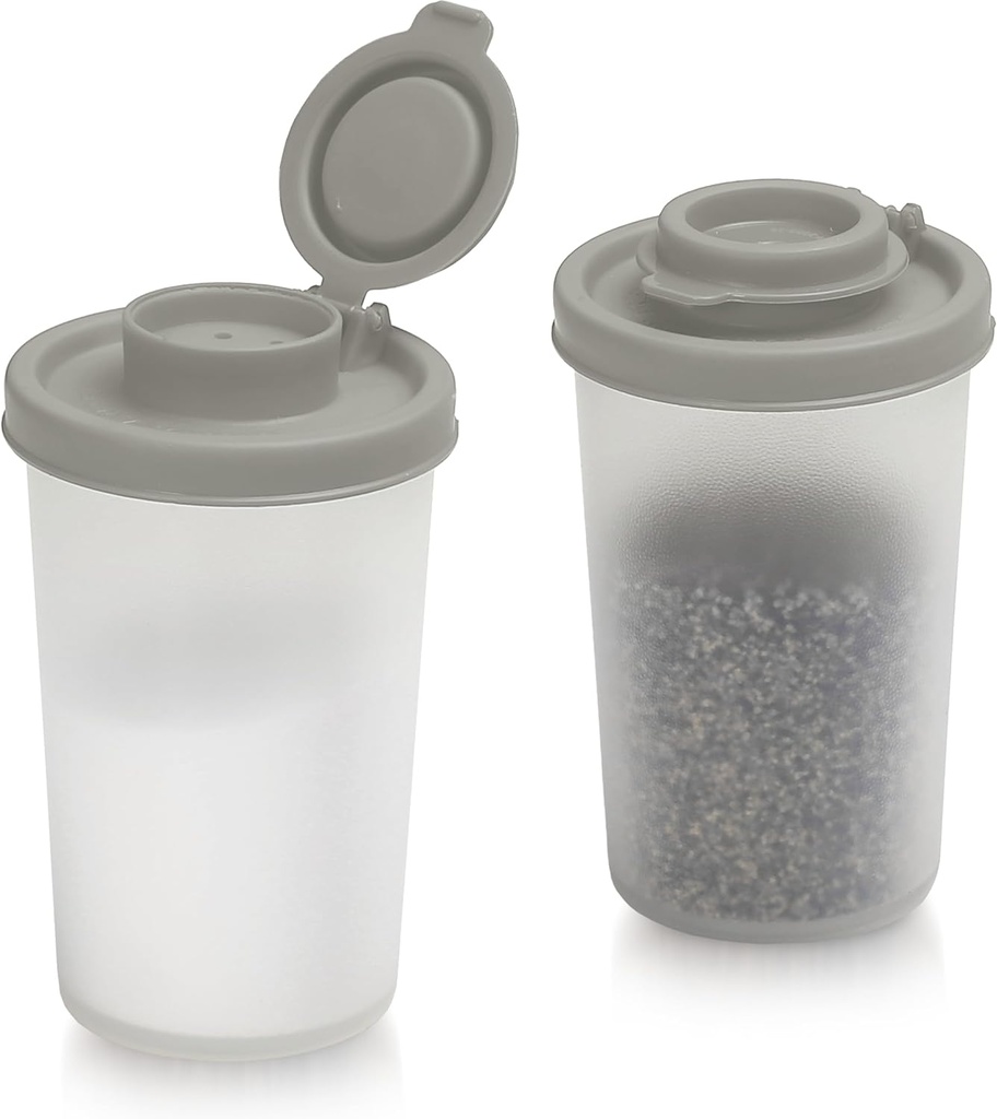 SIGNORAWARE Salt and Pepper Shakers Moisture Proof Set of 2 Large Salt Shaker to go Camping Picnic Outdoors Kitchen Lunch Boxes Travel Spice Set Clear with Grey Covers Lids Plastic Airtight Dispenser