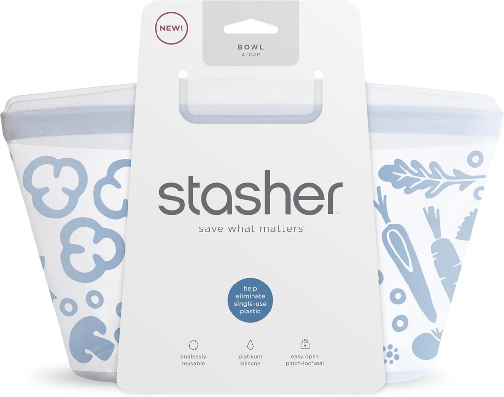 Stasher Premium Silicone Reusable Food Storage Bowl, 4-Cup, Clear, Microwave, Sous Vide, Dishwasher, Oven and Freezer Safe, Travel Container, BPA Free, Leak-free, Eco-friendly