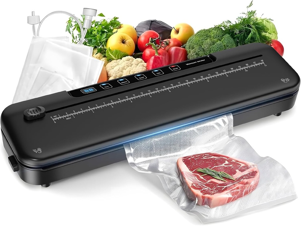 75kpa Vacuum Sealer Machine - 6-in-1 Compact Food Sealer with Digital Countdown Timer, External Sliding Blade for Freshness Storage, Black