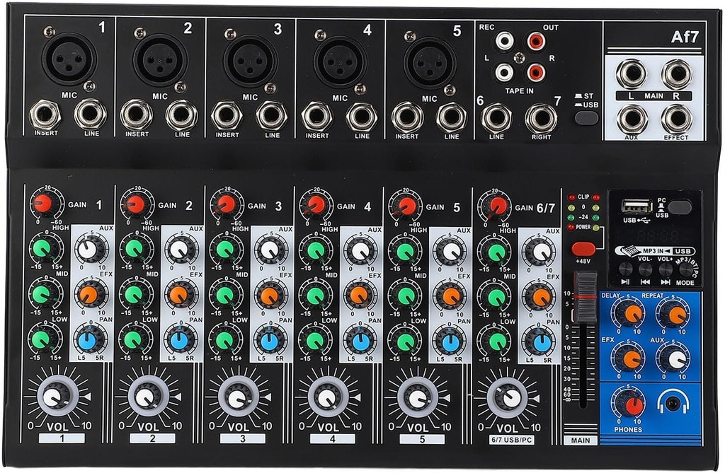 Audio Mixer, 7 Channel Sound Board Mixing Console BT USB Interface DJ Mixer with LED Indicator Light, 7 Channel Bands Mixing Boards For Home Stage Studio Recording