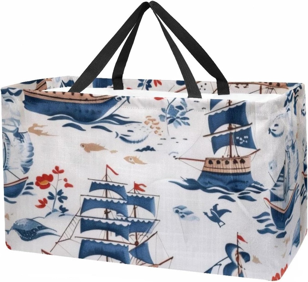 Reusable Grocery Bags for Women Large Nautical Coastal Shopping Tote Bag for Beach Groceries Picnic