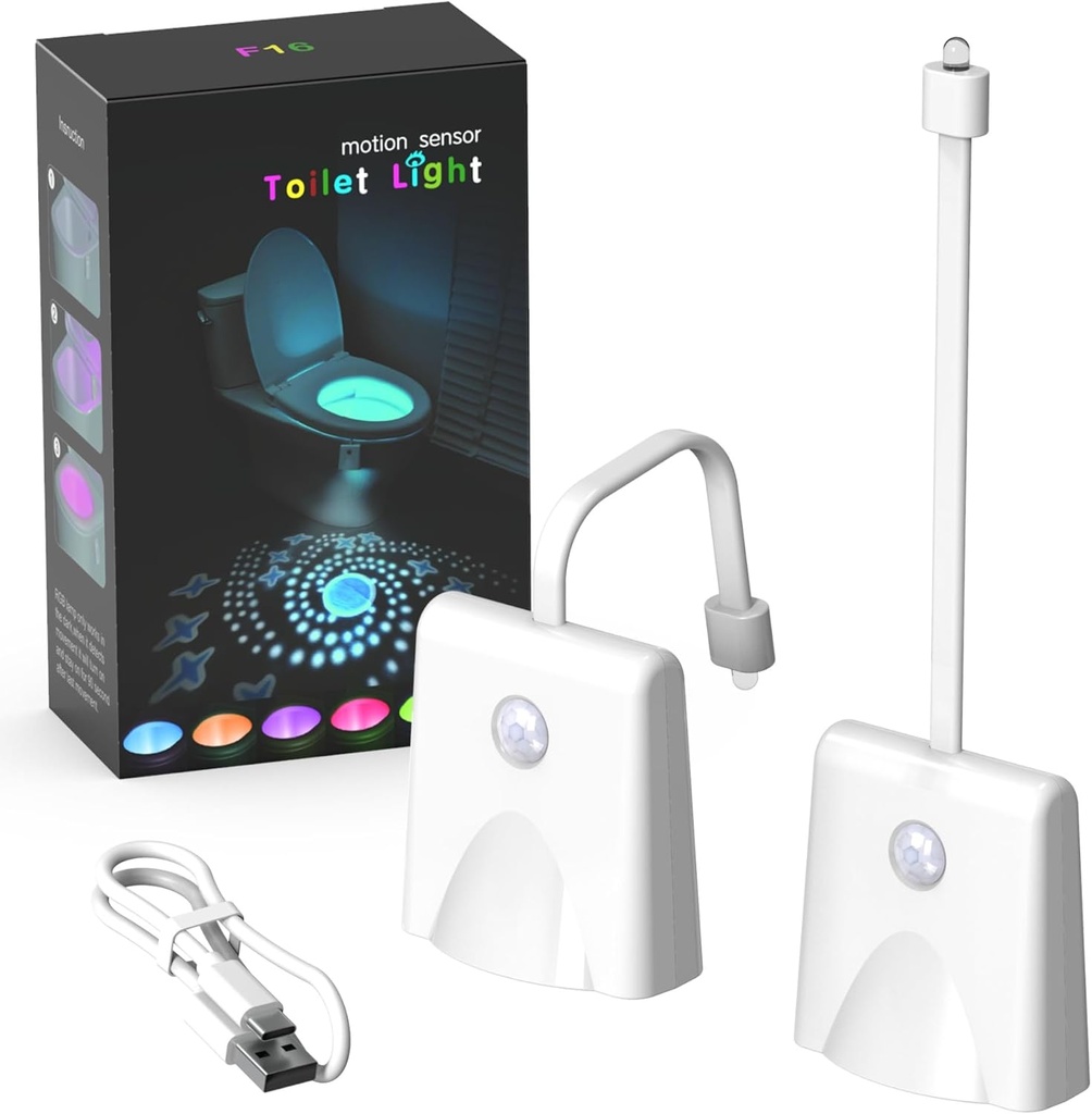Toilet Night Lights, USB Rechargeable 16 Colors Changing LED Inside Toilet Bowl,Motion Sensor Activated LED Projection Nightlight,Bathroom Accessories Decor, Funny Gift for Men Women Kids (2PCS)