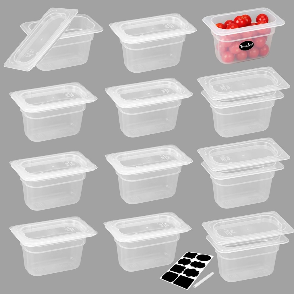 12 Pack 1/9 Size 4'' Deep Plastic Food Pans with Lids, Translucent, Commercial, BPA-free, Stackable Storage for Restaurants, Buffets