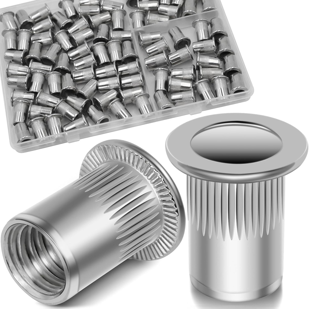 1/4''-20 UNC Rivet Nut, 88Pcs 304 Stainless Steel Flat Head Rivnut Threaded Insert Nutsert