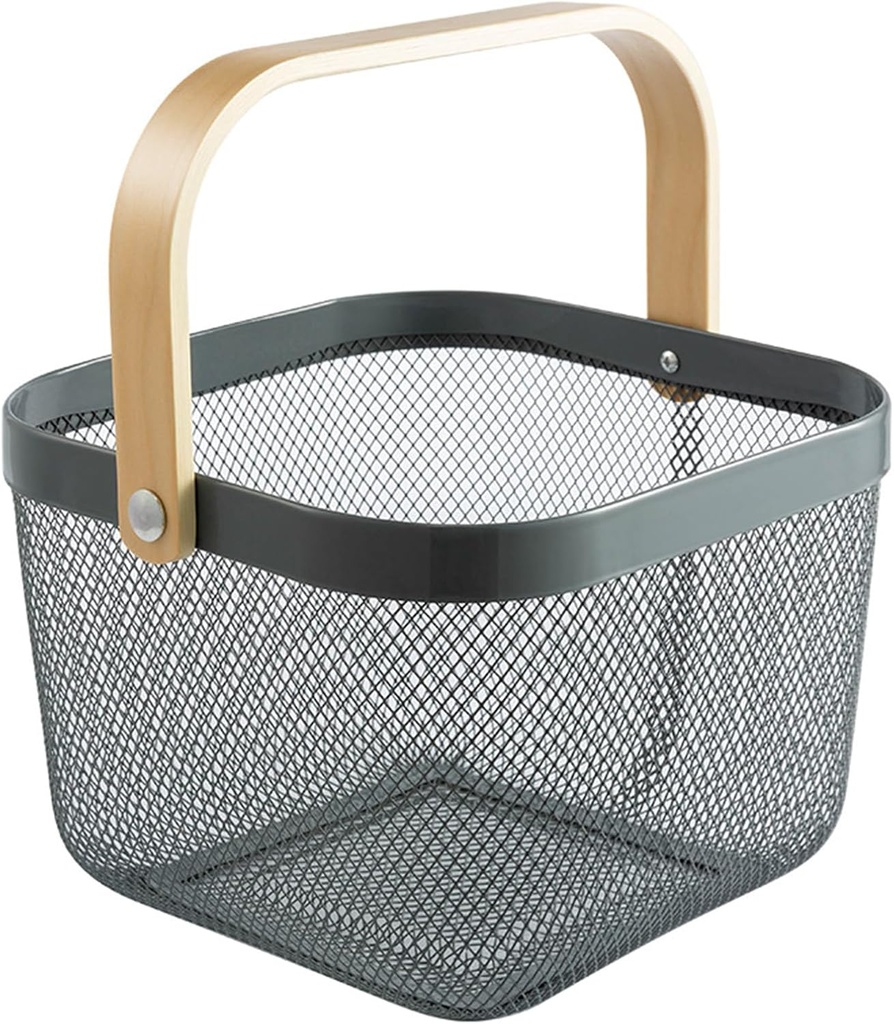 Metal Mesh Steel Basket, Storage Organizer Basket Multi-functional Hanging Kitchen Baskets Fruit Basket with Wooden Handle for Kitchen Bathroom Picnic Shopping Decor Cabinet Home, Grey