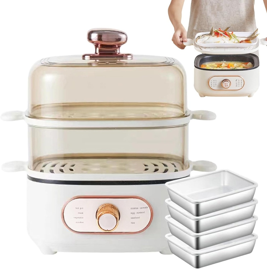 1200w Electric Food Steamer For Stews + Hot Pots, Non-Stick Steamer 2 Steam Dishes Detachable Rice Cookers Cooking, Steam Volume 4l*2 + Bottom Pot 2.5l, With 4 Boxes