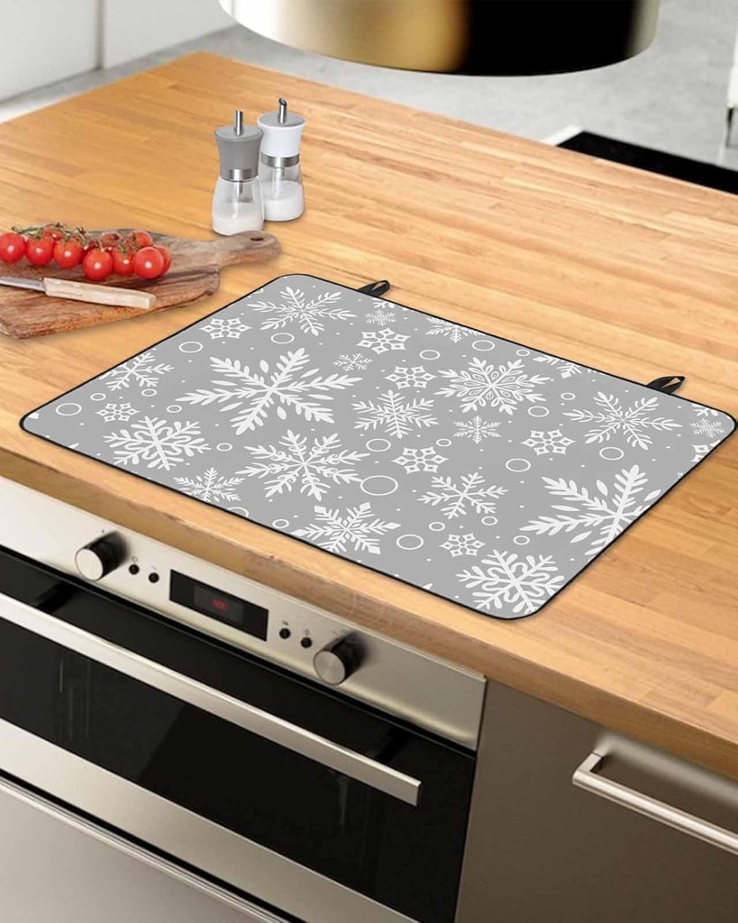 Snowflowers Countertop Burners Protection Mats for Kitchen, Christmas Decoration Winter Gray Rubber Stove Top Cover Mat, Heat Proof Mats Cooktop Cover for Counter Dish Drying Mat, 28.5"x20.5"