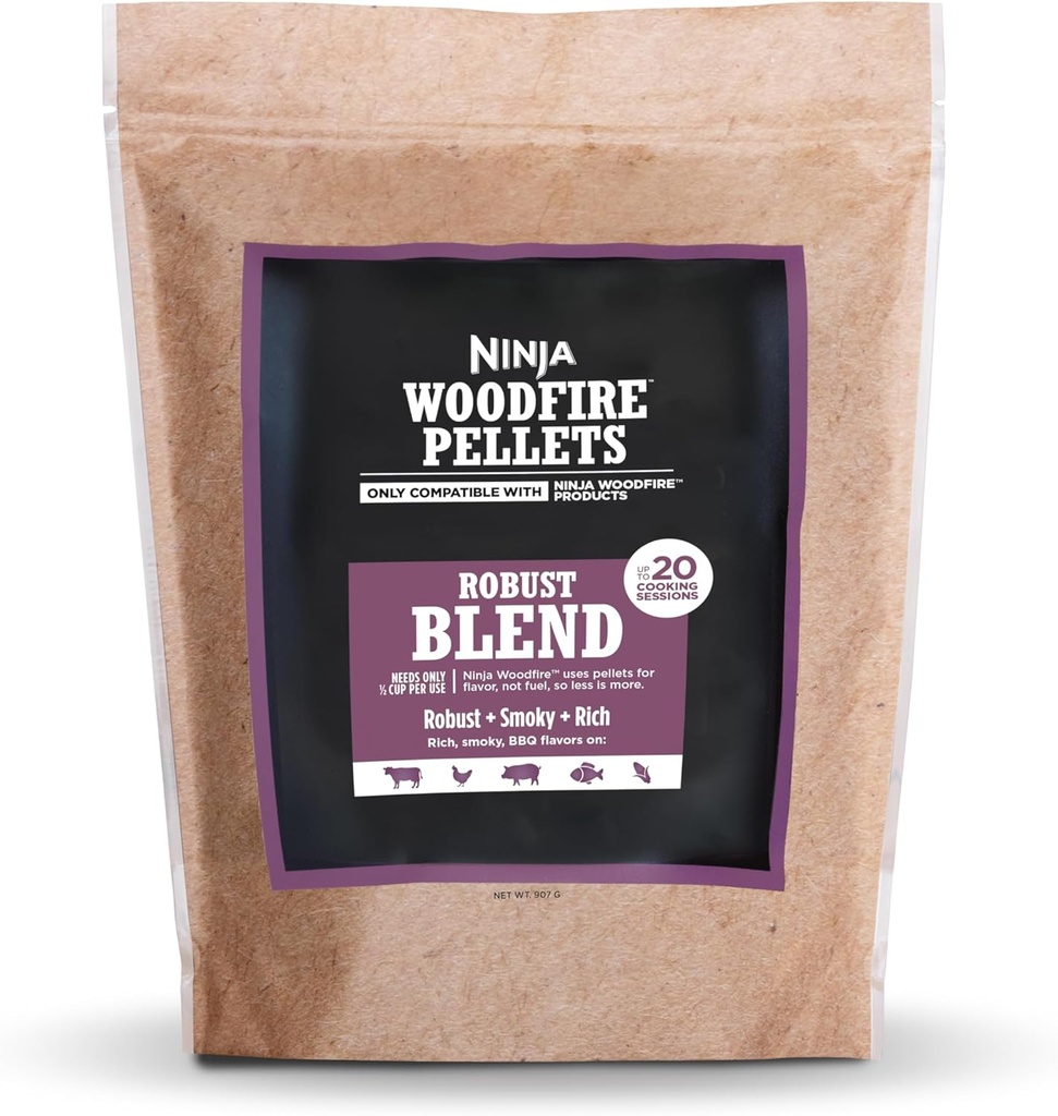 Ninja Woodfire Pellets, Robust Blend 2-lb Bag, Up to 20 Cooking Sessions, 100% Real Wood Pellets, Only Compatible with Ninja Woodfire Grills & Ovens, Robust Blend, XSKOP2R