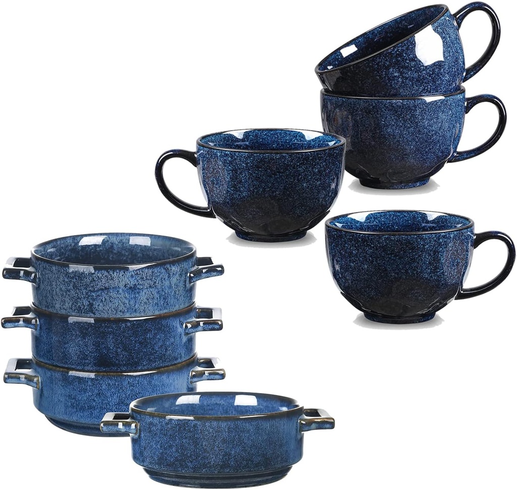 vicrays 8-Piece Kitchen Dinnerware Set - 24 Oz Ceramic Soup Bowls Bundle with 27 Oz Jumbo Soup Mug - Microwave, Oven, and Dishwasher Safe, Scratch Resistant